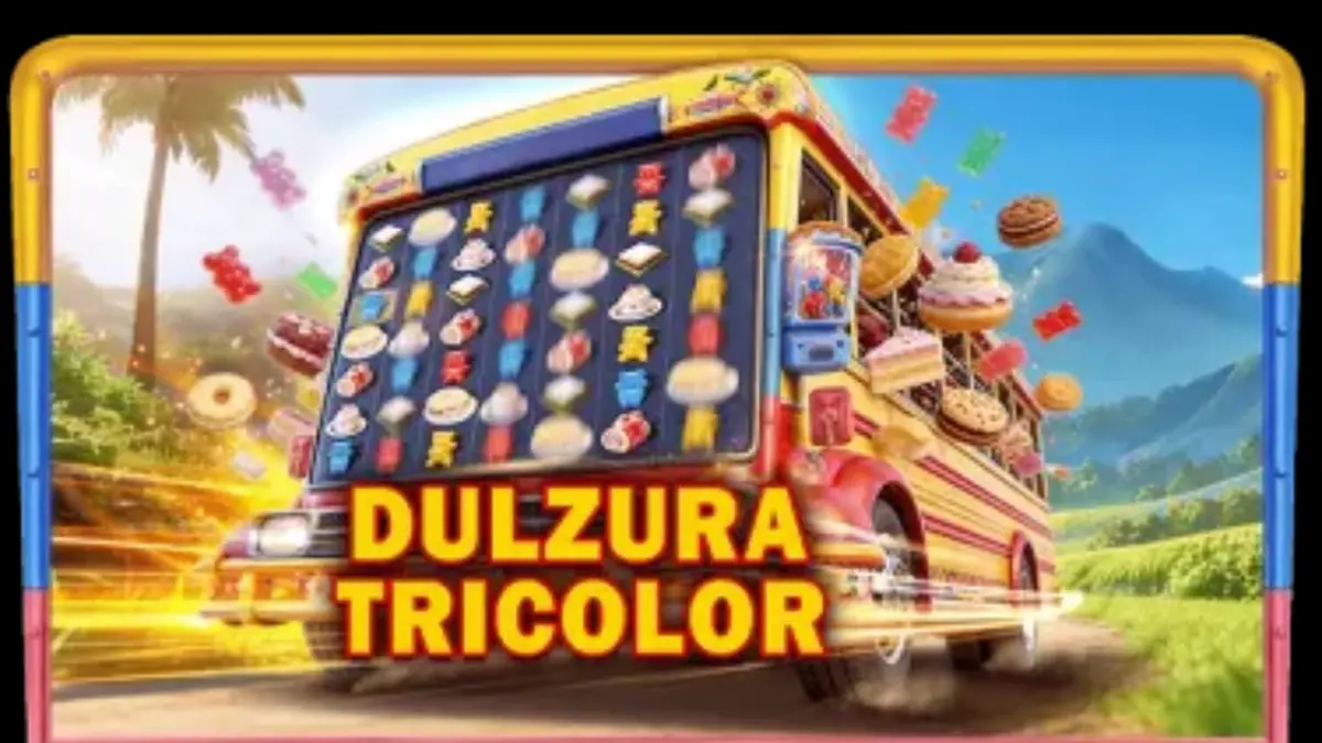 Tampilan visual slot Dulzura Tricolor dengan tema tropis dan simbol permen yang cerah
