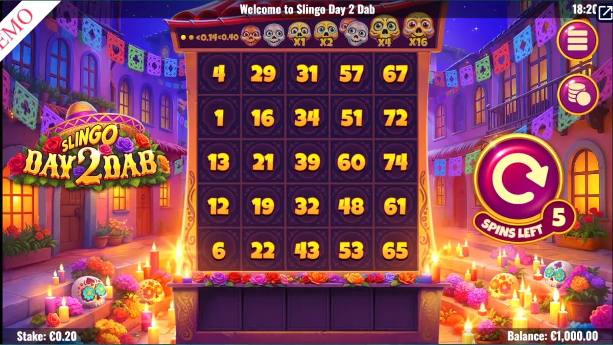 Tampilan visual permainan slot Slingo Day 2 Dab dengan tema Day of the Dead