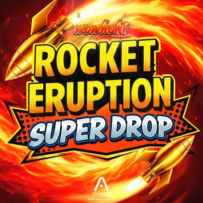 Tampilan antarmuka permainan slot Rocket Eruption Super Drop dengan tema gunung berapi.